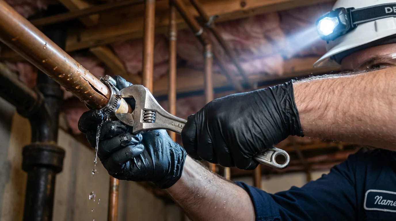 Emergency pipe clamp repair being performed by a Johns Plumbing LLC plumber in Umatilla