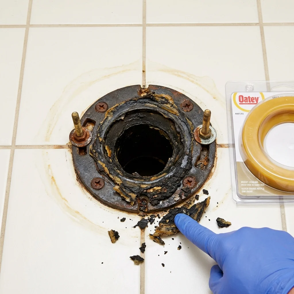 Failed wax ring showing water seepage at the base of a toilet in a Umatilla, FL home